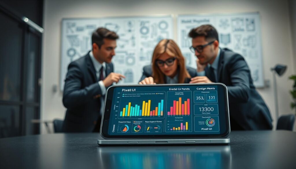 A detailed, high-tech analysis scene showcasing the performance metrics of smartphone software. In the foreground, a sleek smartphone sits on a modern desk, its screen displaying vibrant, colorful graphs and statistics comparing Pixel UI and One UI. In the middle ground, professional business individuals, dressed in smart attire, lean over the desk, engaging in discussion while pointing at the data on the screen. The background features a contemporary office environment with soft lighting and minimalistic decor, enhancing the focus on the smartphone. A slightly blurred whiteboard filled with tech diagrams and notes can be seen behind them, creating a professional atmosphere. The mood is analytical and collaborative, with a cool color palette emphasizing a tech-savvy environment.