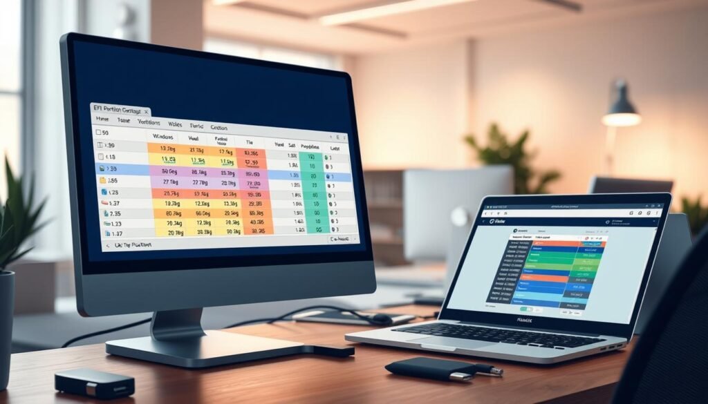 A detailed illustration depicting a computer screen showcasing an EFI partition setup for a triple boot configuration of Windows, macOS, and Linux. The foreground features a clear view of a partition management tool, with colorful, informative graphs and labels showing different EFI partitions. The middle ground includes a workspace with a sleek laptop, surrounded by tech gadgets like USB drives and external hard drives, emphasizing a tech-savvy environment. In the background, soft ambient lighting creates a focused atmosphere, highlighting a modern office setting with a minimalist design. The overall mood is focused and technical, reflecting the complexity of partition schemes. Ensure that the image is devoid of any text or watermarks, maintaining a clean and professional appearance.
