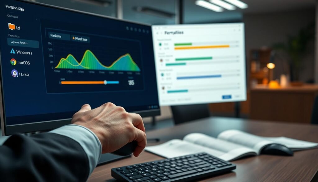 A detailed visualization of a digital workspace focusing on the concept of partition size settings for a triple boot system featuring Windows, macOS, and Linux. In the foreground, a sleek monitor displays a clear and organized partition management interface, with colorful graphs indicating different partition sizes and volumes. A hand, clad in a professional business attire sleeve, hovers over a mouse, poised to adjust a partition slider. In the middle ground, an ergonomic keyboard and open user manuals are visible, hinting at a technical environment. The background showcases a modern office setting with soft lighting, enhancing the atmosphere of focus and professionalism. The mood is serious yet engaging, reflecting the intricacies of partition management.