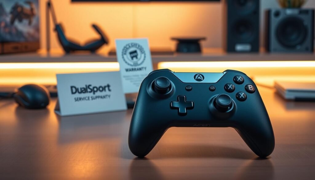 A dynamic and professional image of a DualSense Edge controller is the focal point, showcasing its sleek design and intricate details. The controller is placed prominently in the foreground, with a soft glow around its buttons and analog sticks to emphasize its features. In the middle ground, a partially opened warranty card and a stylized support icon can be seen, subtly hinting at its service eligibility. The background features a blurred workspace, with ergonomic gaming accessories and a faint light source creating a warm, inviting atmosphere. The scene is well-lit, with soft shadows adding depth, evoking a sense of trust and reliability. The overall mood conveys support and professionalism, ideal for an article discussing warranty options and consumer support.