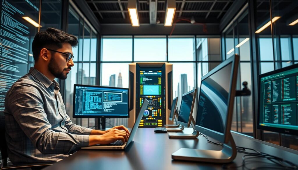 A dynamic scene illustrating the career journey of a programmer working with supercomputers, set in a modern, high-tech office environment. In the foreground, a focused programmer, dressed in smart casual attire, is typing on a sleek laptop, surrounded by advanced computing equipment and dual monitors showcasing complex code and data visualizations. In the middle ground, a large supercomputer with blinking lights and multiple screens stands prominently, emphasizing its impressive capabilities. The background features glass panels with a city skyline, hinting at innovation and progress. The lighting is bright yet warm, creating an inviting atmosphere, while the camera angle is slightly elevated, capturing the depth of the workspace and energizing sense of determination and ambition in the air.