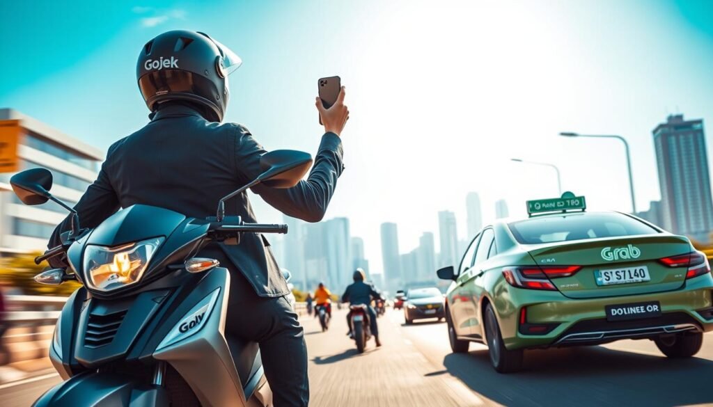 A dynamic scene showcasing a vibrant urban setting featuring two distinct vehicles representing online transportation services: a motorcycle for Gojek and a car for Grab. In the foreground, a professional-looking rider in a helmet is lifting a smartphone to check for ride requests, dressed in smart casual attire. The middle ground includes a road bustling with activity, with other riders and cars indicating a lively atmosphere. In the background, a modern city skyline under a bright blue sky sets the scene, emphasizing accessibility. The lighting is warm, highlighting the freshness of the day, while a slight motion blur captures the speed of urban life. The overall mood reflects innovation and connectivity in transportation services.