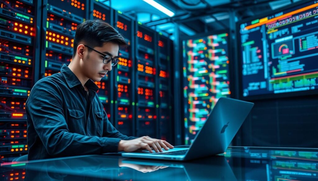 A focused, professional programmer in a modern, high-tech supercomputer lab, surrounded by towering rows of vibrant, interconnected servers. The foreground features a concentrated individual, dressed in smart casual attire, intently analyzing complex code on a sleek laptop. In the middle ground, glimmering LED lights illuminate the supercomputer, revealing intricate wiring and blinking indicators that suggest processing power. The background showcases a large digital screen displaying flowing data and visualizations of algorithms. Soft, cool blue lighting adds a futuristic ambiance, while subtle reflections on the glass surfaces enhance the tech-savvy atmosphere. Capture the sense of awe and excitement, emphasizing the dedication and intellect involved in the experience of running code on a supercomputer.