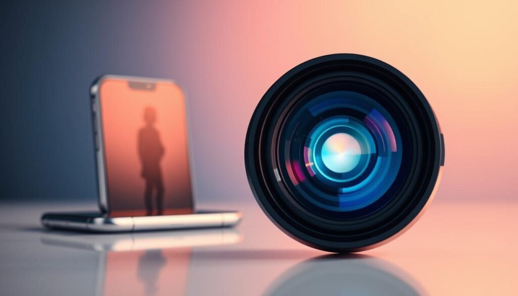 A high-tech periscope camera lens prominently displayed in the foreground, showcasing intricate optical components like prisms, mirrors, and advanced image sensors. The lens has a sleek, modern design, reflecting cutting-edge technology. In the middle ground, a blurred smartphone silhouette highlights the integration of the periscope camera into flagship devices. In the background, a soft gradient of colors represents a high-tech environment, evoking an atmosphere of innovation and futuristic design. The lighting is bright and crisp, emphasizing the detailed mechanics of the lens while creating soft reflections. The angle is slightly tilted to provide a dynamic perspective on the camera components. The mood conveys both sophistication and curiosity, reflecting the complexities and challenges of periscope camera technology.