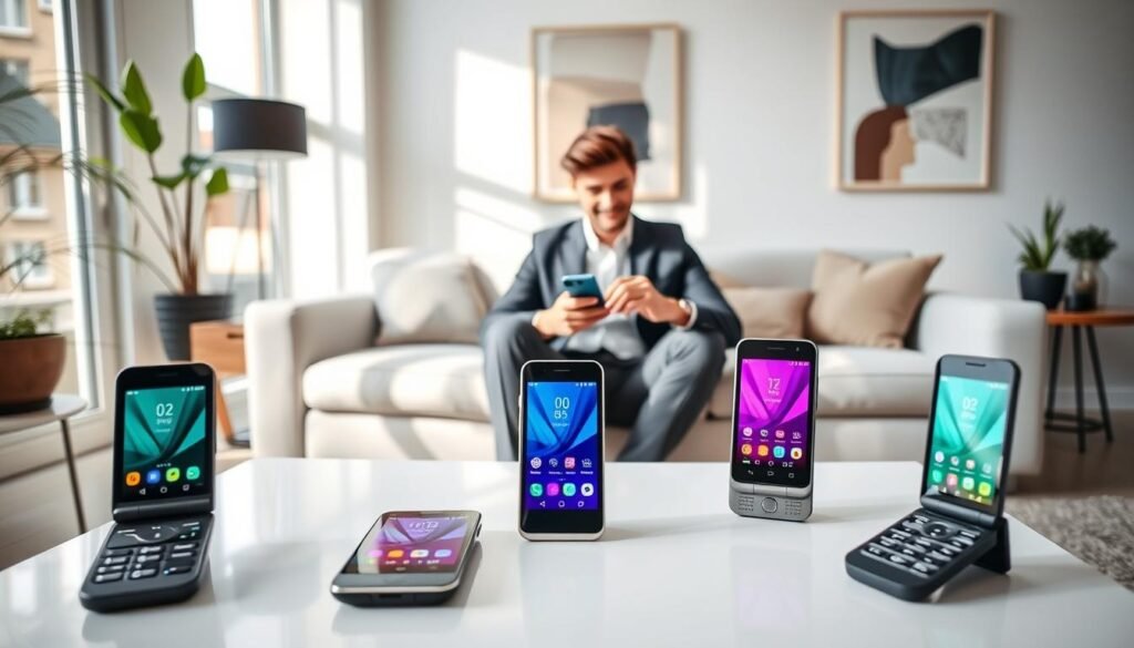 A modern and stylish living room, showcasing a selection of three chic Android flip phones on a sleek white coffee table. In the foreground, the phones are prominently displayed with their screens open, featuring vibrant and colorful interfaces. In the middle, a well-dressed young professional casually interacting with one of the phones while seated on a contemporary sofa, dressed in smart casual attire. Soft natural light filters through a nearby window, creating a warm and inviting atmosphere. In the background, minimalist decor, potted plants, and abstract wall art enhance the modern aesthetic. The overall mood conveys sophistication and ease, emphasizing the stylishness and practicality of flip Android phones.