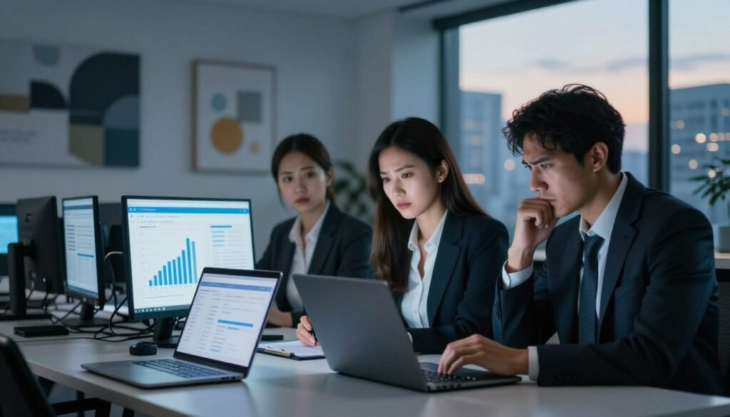 A modern digital workspace scene illustrating the theme of personal data leak checks. In the foreground, a diverse group of three professionals—two women and one man—are seated around a sleek table, focused intently on their laptops. They are dressed in smart business attire. The women are collaborating on a shared screen displaying graphs and alerts about data breaches, while the man looks thoughtfully at his laptop with a furrowed brow. In the middle ground, a soft glow emanates from their screens, reflecting urgency and concern. The background features a contemporary office environment with abstract art on the walls and a large window revealing a city skyline illuminated by early evening light, suggesting an atmosphere of seriousness and vigilance. The overall mood is tense but professional, highlighting the importance of data security. A modern digital workspace scene illustrating the theme of personal data leak checks. In the foreground, a diverse group of three professionals—two women and one man—are seated around a sleek table, focused intently on their laptops. They are dressed in smart business attire. The women are collaborating on a shared screen displaying graphs and alerts about data breaches, while the man looks thoughtfully at his laptop with a furrowed brow. In the middle ground, a soft glow emanates from their screens, reflecting urgency and concern. The background features a contemporary office environment with abstract art on the walls and a large window revealing a city skyline illuminated by early evening light, suggesting an atmosphere of seriousness and vigilance. The overall mood is tense but professional, highlighting the importance of data security.