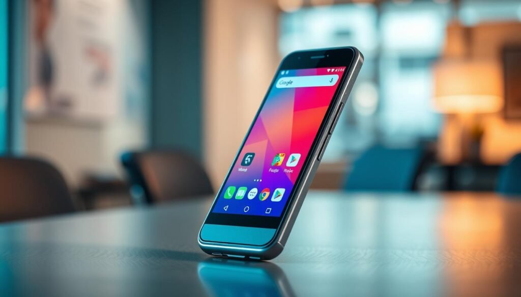 A sleek, modern flip smartphone positioned prominently in the foreground, showcasing its open state with a vibrant Android interface that highlights its innovative features. The device's high-resolution display is turned on, displaying a colorful app grid. In the background, a subtle, blurred office setting conveys a professional ambiance, with soft lighting that creates a warm glow around the smartphone. The scene is captured using a shallow depth of field, emphasizing the device while maintaining an elegant bokeh effect in the background. The overall mood is sophisticated and tech-savvy, appealing to a youthful audience interested in stylish functionality. The smartphone's metallic finish reflects light subtly, enhancing its allure as a trendy gadget without any text or branding visible.