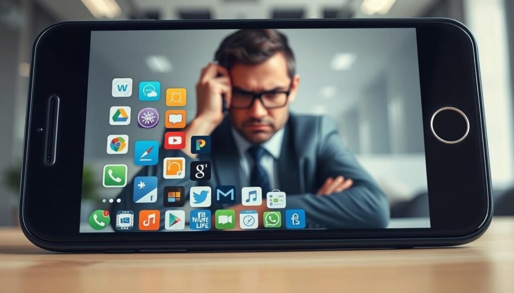 A smartphone screen displaying a cluttered array of bloatware apps in the foreground, symbolizing the negative impact of excessive pre-installed applications. The middle ground features a frustrated user in professional attire, frowning at the screen, their brows furrowed in annoyance as they navigate through the app overload. The background shows a blurred office setting with soft, natural lighting that creates a slightly gloomy atmosphere, highlighting the user’s discontent. Capture the image with a close-up lens to emphasize the smartphone screen, maintaining a balanced composition that draws focus to the apps while hinting at the user’s frustration. The overall mood conveys the heaviness and inefficiency that bloatware can bring to daily smartphone use.