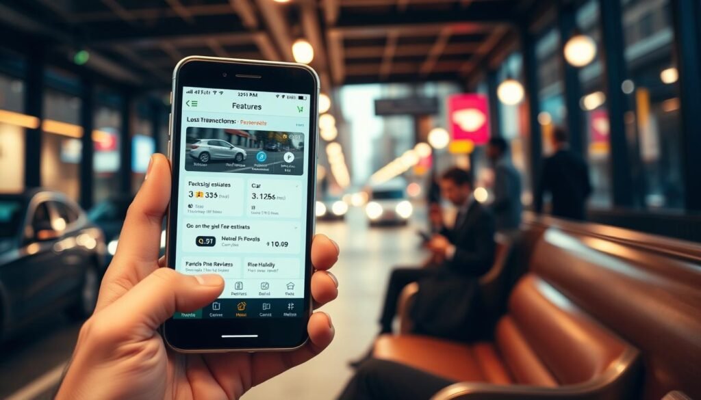 A vibrant, modern mobile application interface showcasing transportation features prominently displayed on a smartphone. In the foreground, a sleek phone held by a person dressed in professional business attire, highlighting the app's user-friendly navigation and unique functionalities like ride-hailing, fare estimates, and customer reviews. In the middle ground, a comfortable urban setting with blurred silhouettes of people using the app, emphasizing real-world usage. The background features city elements like bustling streets and vehicles, evoking a sense of connectivity. Soft, warm lighting illuminates the scene, creating a positive and inviting atmosphere, giving off an impression of convenience and efficiency in urban transportation. The angle captures both the phone and the user's engagement, ensuring a clear focus on the application’s features.