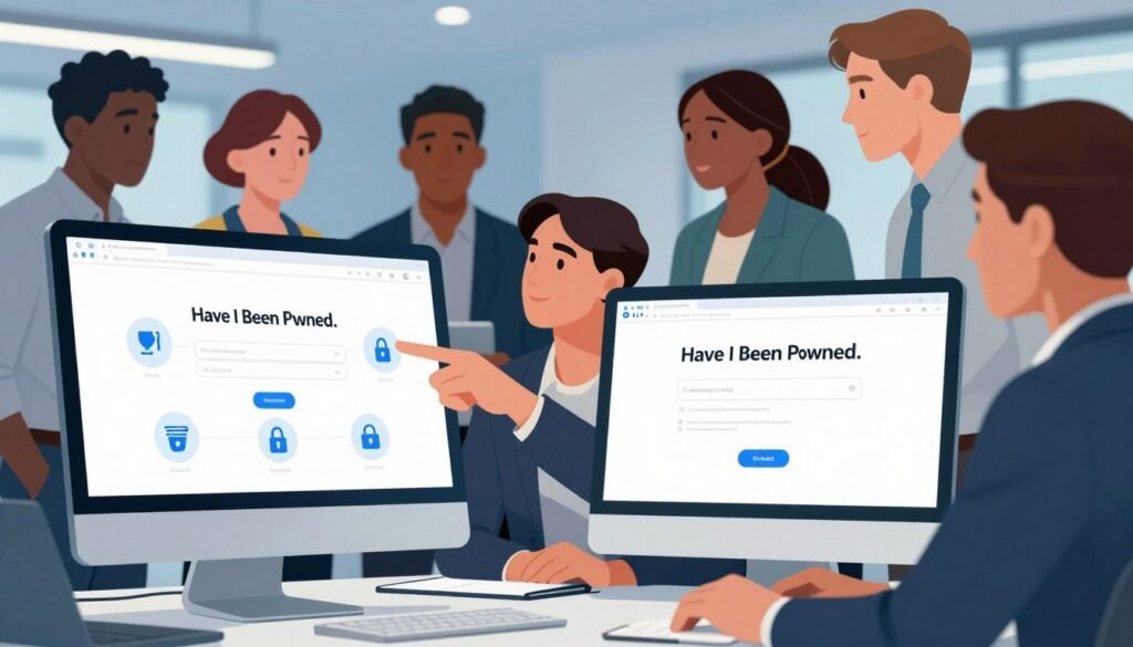 A visually engaging digital illustration depicting a step-by-step guide on checking email data leaks using "Have I Been Pwned." In the foreground, a computer monitor displays the Have I Been Pwned website interface, showcasing an email input field surrounded by icons representing cybersecurity tools and lock symbols. In the middle, a diverse group of individuals, dressed in professional business attire, collaboratively discussing their findings, with one person pointing at the screen, emphasizing an ongoing analysis. In the background, a modern office environment hints at a sense of teamwork and technology, with soft blue lighting creating a calm yet alert atmosphere. The overall composition should be vibrant and focused, capturing the essence of digital security awareness. A visually engaging digital illustration depicting a step-by-step guide on checking email data leaks using "Have I Been Pwned." In the foreground, a computer monitor displays the Have I Been Pwned website interface, showcasing an email input field surrounded by icons representing cybersecurity tools and lock symbols. In the middle, a diverse group of individuals, dressed in professional business attire, collaboratively discussing their findings, with one person pointing at the screen, emphasizing an ongoing analysis. In the background, a modern office environment hints at a sense of teamwork and technology, with soft blue lighting creating a calm yet alert atmosphere. The overall composition should be vibrant and focused, capturing the essence of digital security awareness.