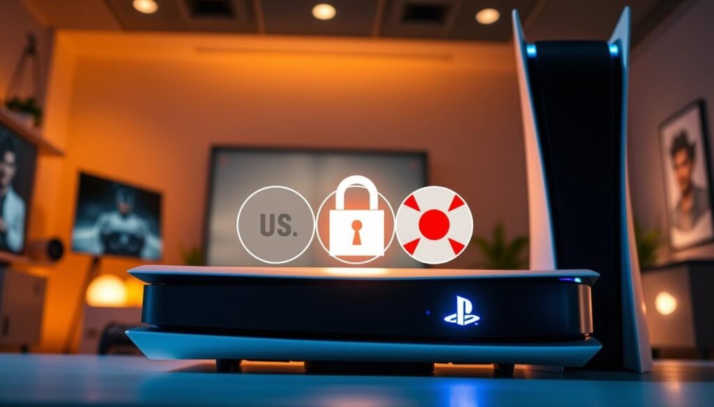 A visually striking image showcasing the concept of "software region lock" in relation to video game consoles, specifically focusing on the PS5. In the foreground, display a PS5 console with a visually distinct region lock icon illuminated on its surface. In the middle layer, depict various game discs symbolizing different regions (US and Japan), with subtle design elements distinguishing them. The background should include a softly blurred setting of a modern gaming room with ambient lighting highlighting the console's sleek design. The atmosphere should feel dynamic and tech-savvy, enticing gamers and illustrating the concept of regional gaming differences. Utilize a slight tilt-up angle to emphasize the console's prominence, and ensure lighting is warm and inviting to create a welcoming feel.