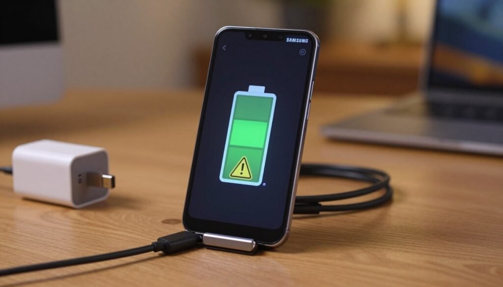 A close-up view of a Samsung Galaxy Z series smartphone on a wooden desk, displaying a vivid, animated battery icon with warning signs indicating overheating. The phone is surrounded by common charging accessories, like a fast charger and a USB-C cable, emphasizing the theme of battery and charging issues. The background features a softly blurred home office setting with warm, ambient lighting casting gentle shadows, creating a cozy yet serious atmosphere. The image should evoke a sense of concern while being visually appealing, using a shallow depth of field to draw attention to the details on the phone screen. The overall composition should maintain a professional and informative tone, suitable for an article discussing technology and its common problems. A close-up view of a Samsung Galaxy Z series smartphone on a wooden desk, displaying a vivid, animated battery icon with warning signs indicating overheating. The phone is surrounded by common charging accessories, like a fast charger and a USB-C cable, emphasizing the theme of battery and charging issues. The background features a softly blurred home office setting with warm, ambient lighting casting gentle shadows, creating a cozy yet serious atmosphere. The image should evoke a sense of concern while being visually appealing, using a shallow depth of field to draw attention to the details on the phone screen. The overall composition should maintain a professional and informative tone, suitable for an article discussing technology and its common problems.