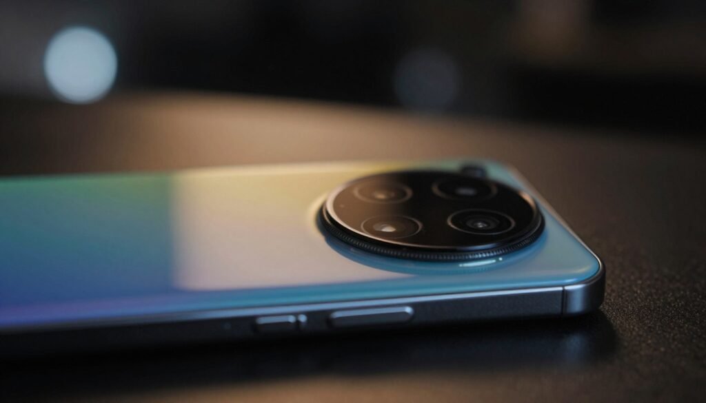 A close-up view of a cutting-edge smartphone featuring a 108MP camera lens, designed for low-light photography. The foreground showcases the sleek design of the phone with vibrant colors reflecting in a dimly lit environment, highlighting the camera module's details. In the middle ground, soft lighting casts gentle shadows, enhancing the camera's features, while blurred bokeh effects create an artistic backdrop with faint light sources, simulating a nighttime setting. The atmosphere conveys a sense of modern technology and sophistication, appealing to tech enthusiasts. The shot is taken from a slight angle to emphasize the phone's elegant lines and the camera's prominence, capturing the essence of high-performance photography in low-light conditions.