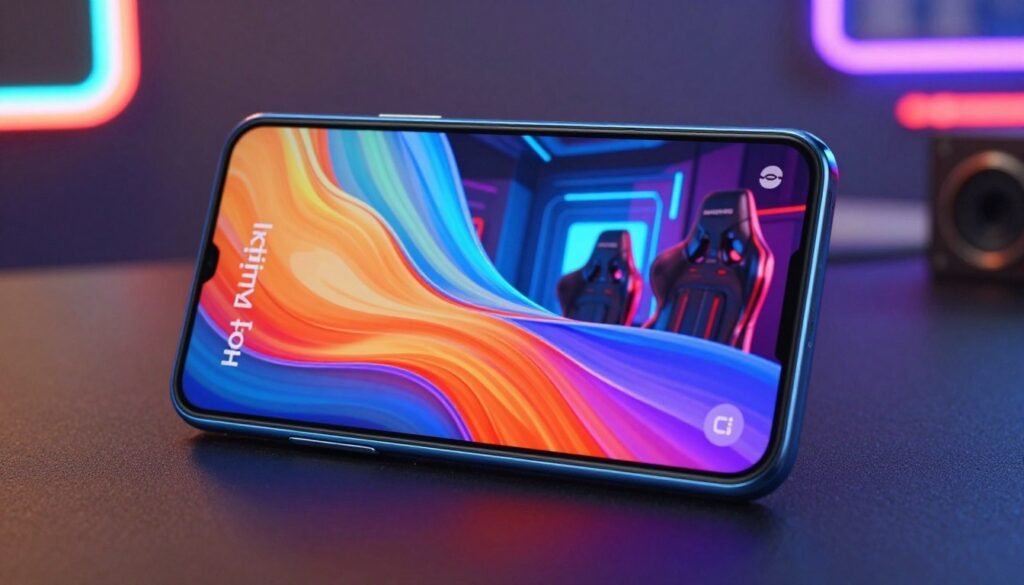 A sleek and modern Infinix Hot 40 Pro smartphone prominently displayed in the foreground, showcasing its stylish design with smooth edges and a glossy finish. The screen exudes vibrant colors and demonstrates a responsive touch interface, visually emphasizing its gaming capabilities. In the middle ground, a subtle reflection of gaming graphics can be seen on the screen, indicating its performance. The background features a soft-focus tech-inspired environment, with abstract shapes and neon lights to create an energetic mood. The scene is illuminated with soft, dynamic lighting to enhance the device's features, captured from a slightly elevated angle to provide a sense of depth. The overall atmosphere is engaging and futuristic, inviting viewers to explore the device's potential.