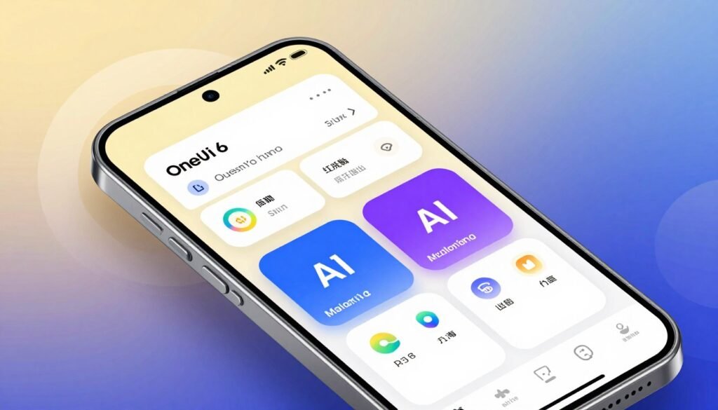 A sleek and modern smartphone interface displaying the intelligent features of One UI 6, featuring vibrant colors and smooth transitions. In the foreground, a close-up view of the Samsung Galaxy S24 showcasing its screen filled with innovative AI tools, like personalized widget suggestions and adaptive brightness settings. In the middle, visual elements representing AI functionalities, such as voice assistant icons and smart suggestions, seamlessly integrated into the UI. The background features a soft, tech-inspired gradient with abstract shapes that evoke a sense of advanced technology. The image is illuminated with soft, natural lighting, capturing a contemporary and professional mood. The angle should be a slight tilt to enhance the depth, emphasizing the immersive experience of using One UI 6 on the Samsung Galaxy S24.