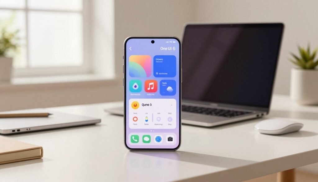A vibrant, immersive digital workspace showcasing extreme personalization features of the Samsung Galaxy S24's One UI 6. In the foreground, a sleek and modern smartphone displays a customized Quick Panel with colorful icons and widgets representing various apps like music, weather, and productivity tools. In the middle ground, a serene desk environment with a laptop and stylish stationery complements the smartphone, reflecting a seamless blend of technology and creativity. The background features a bright, softly lit room with warm natural light streaming through a window, creating an inviting atmosphere. Emphasize a clean, minimalistic aesthetic with smooth textures and a calm color palette. The overall mood should convey innovation, personalization, and a contemporary lifestyle.
